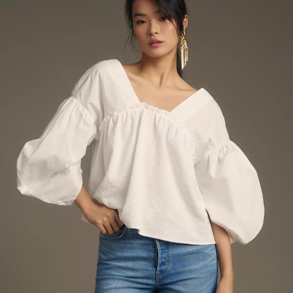 Anthropologie Sunday in Brooklyn White Textured Puff Sleeve Blouse